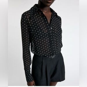Forever 21 Black Sheer Metallic Silver Polka Dot Button Down Blouse- Medium